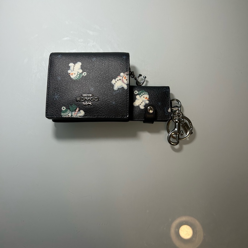 Coach Black Leather Card Case with Bunny Print and Key Ring
